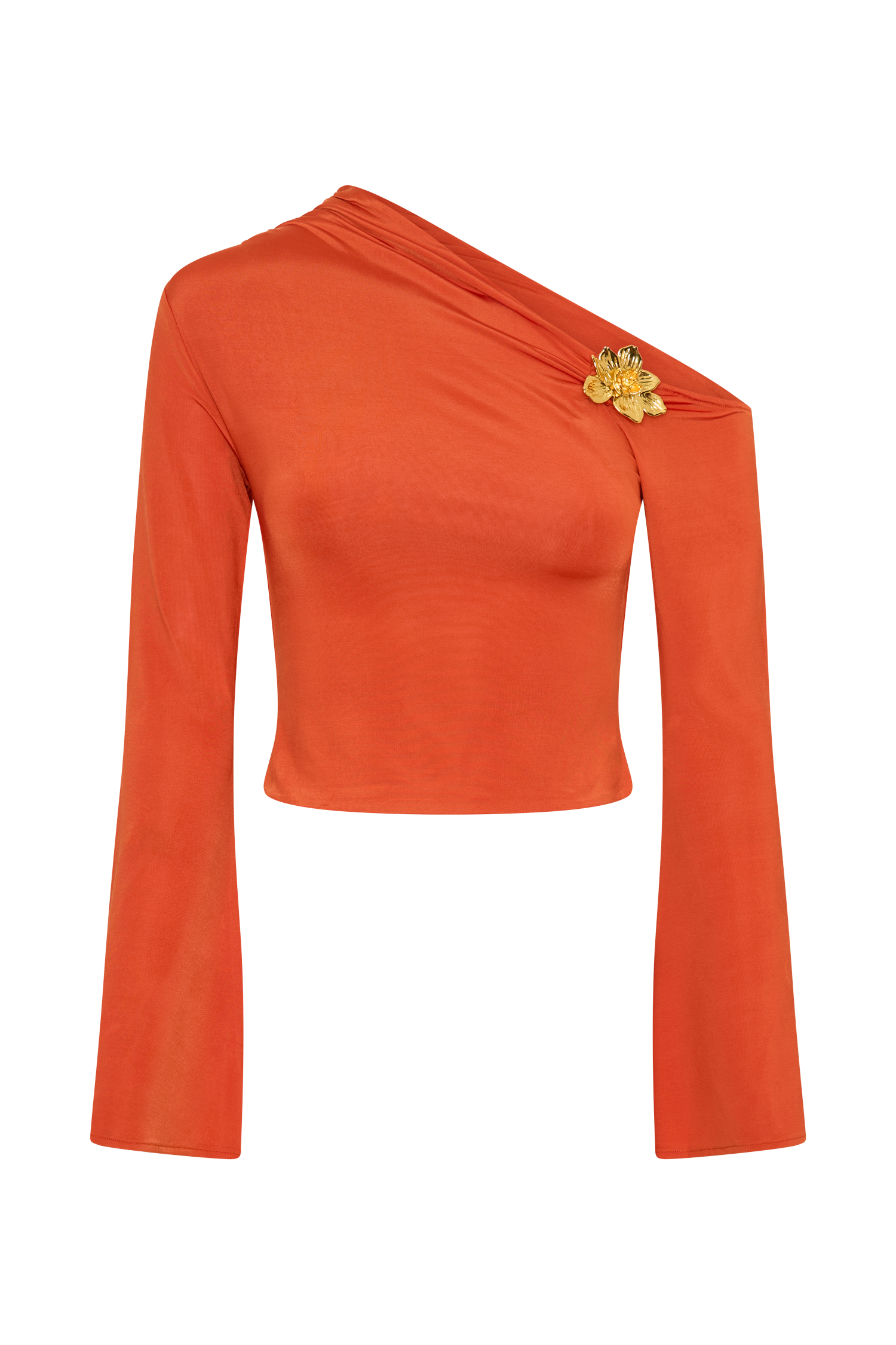 Ainsley Asymmetrical Long Sleeve Top With Floral Hardware - Burnt Orange、mySite、solidvoid