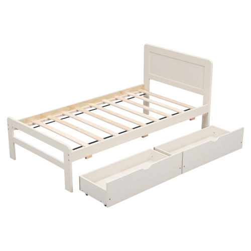Modern Design Twin Size Platform Bed Frame with 2 Drawers for Walnut Color、、xpatfood