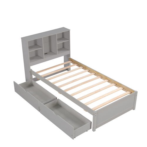 Modern Twin Size Bed Frame With Built-in USB Port on Bookcase Headboard and 2 Drawers for White Washed Color、、xpatfood