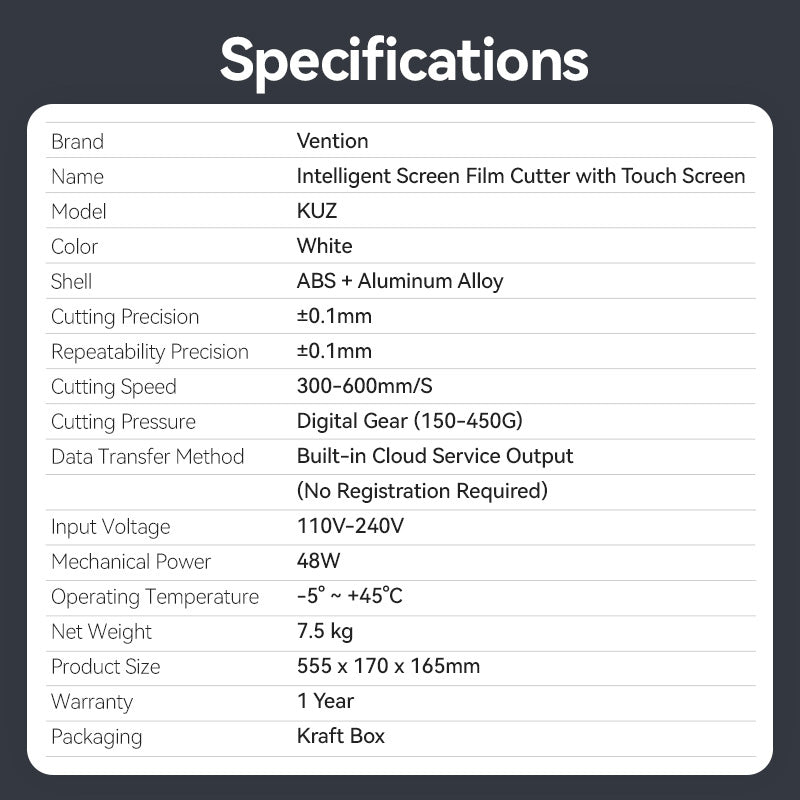 Vention Intelligent Screen Film Cutter with Touch Screen - EU Plug、mySite、fannypackpong