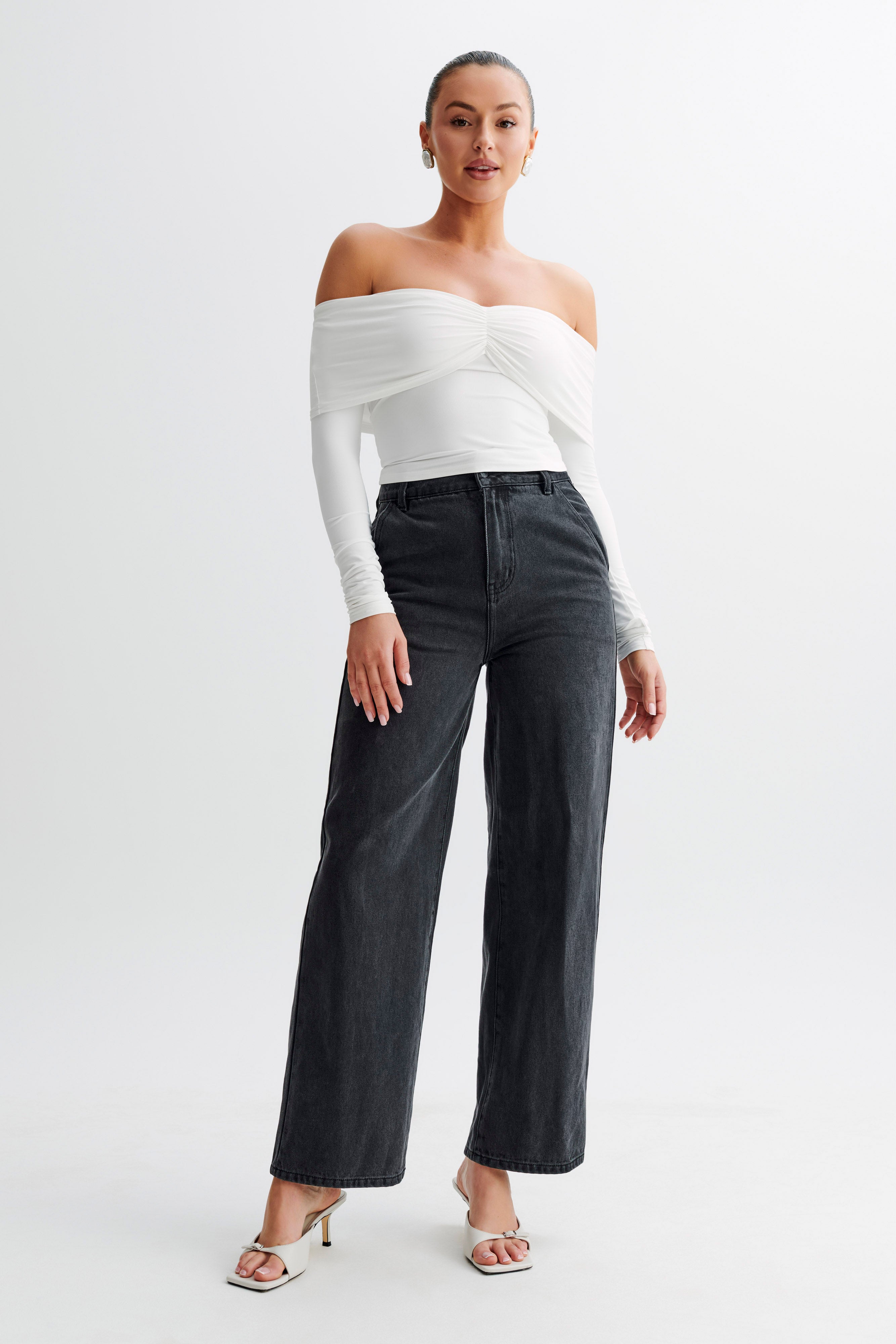 Prue Ruched Off Shoulder Long Sleeve Top - White、mySite、solidvoid