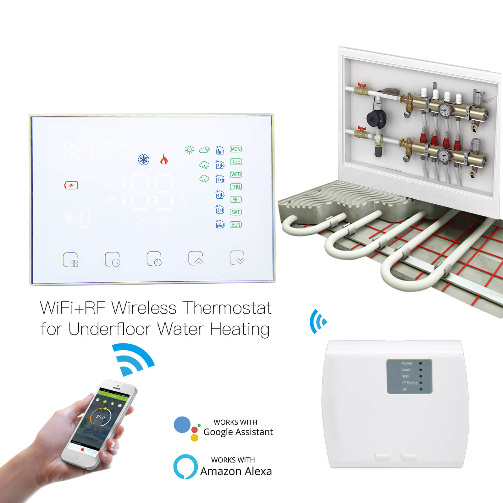 WiFi RF Programmable Thermostat Smart Wall-hung Temperature Controller Wireless RF Receiver for Water/ Electric/ Gas Boiler Floor Heating、mySite、fannypackpong