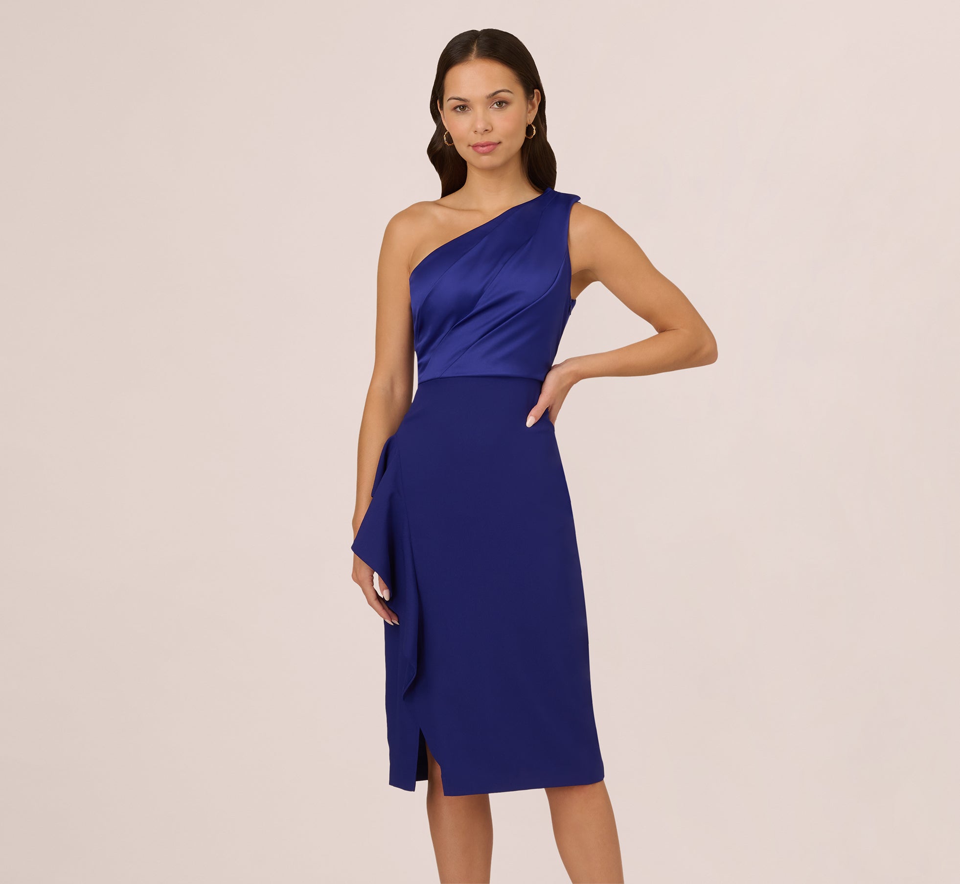One Shoulder Ruffle Midi Sheath Dress In Dark Blue Violet、mySite、solidvoid