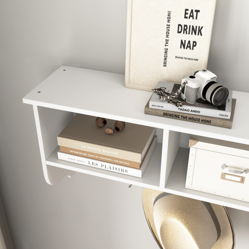 White Entryway Wall Mounted Coat Rack with 4 Dual Hooks Living Room Wooden Storage Shelf、、casual