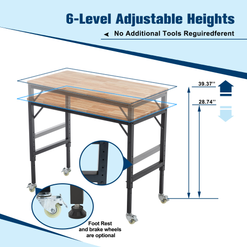 Adjustable Height Workbench, 60" Rubber Wood Top Heavy duty Workstation with Power Outlets, 2000 LBS Load Capacity Hardwood Worktable for Workshop, Garage, Office, Home, Commercial、、casual