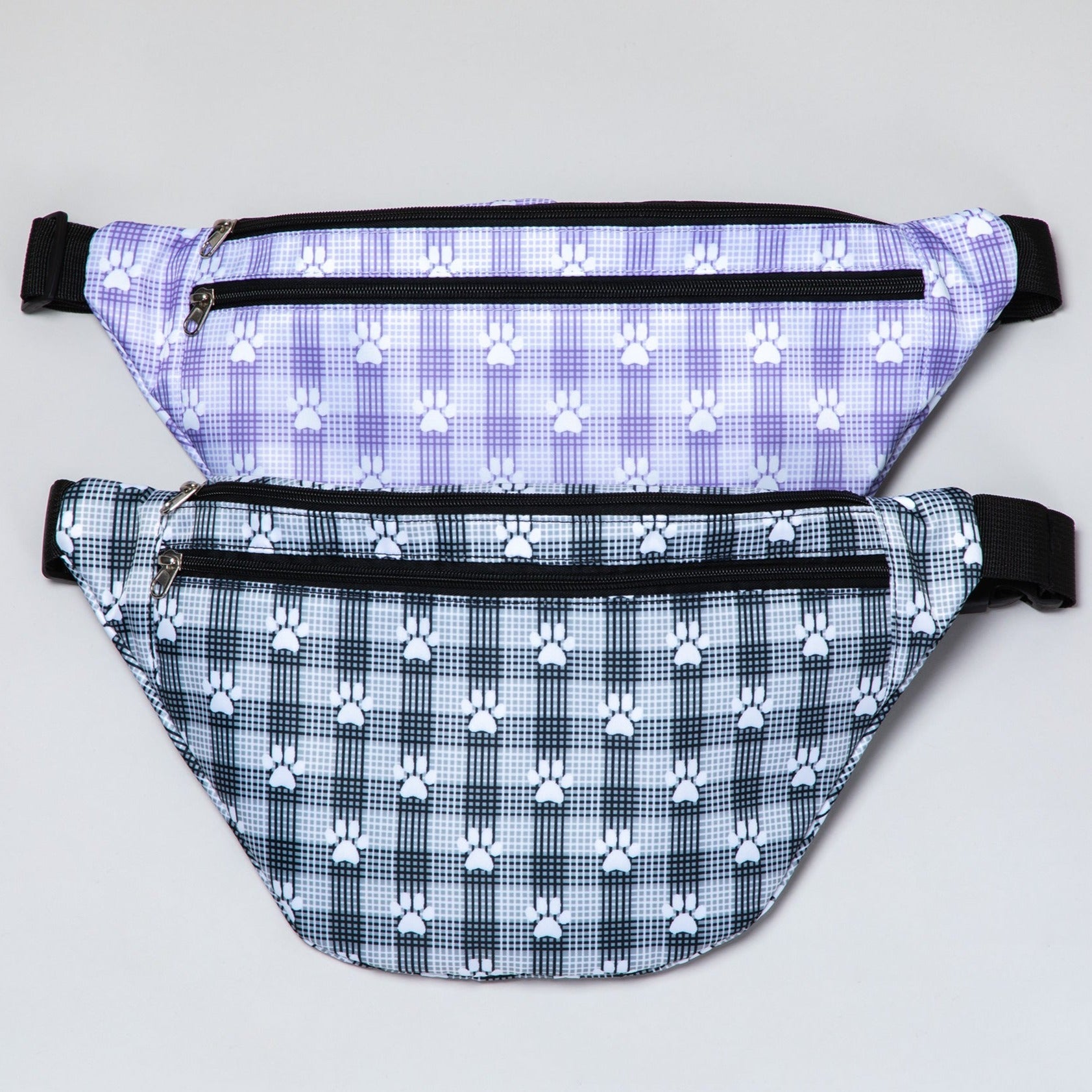 Plaid Paw Print Large Fanny Pack with 3 Zippered Pockets、mySite、camillekostekn