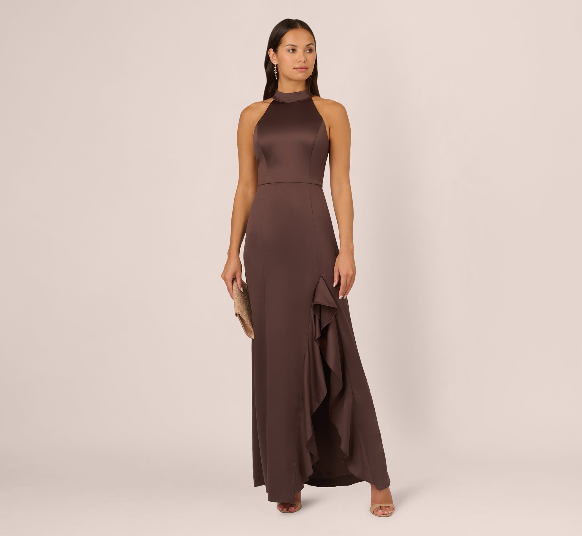 Satin Halter Mermaid Gown With Ruffle Trim In Dark Brown、mySite、solidvoid