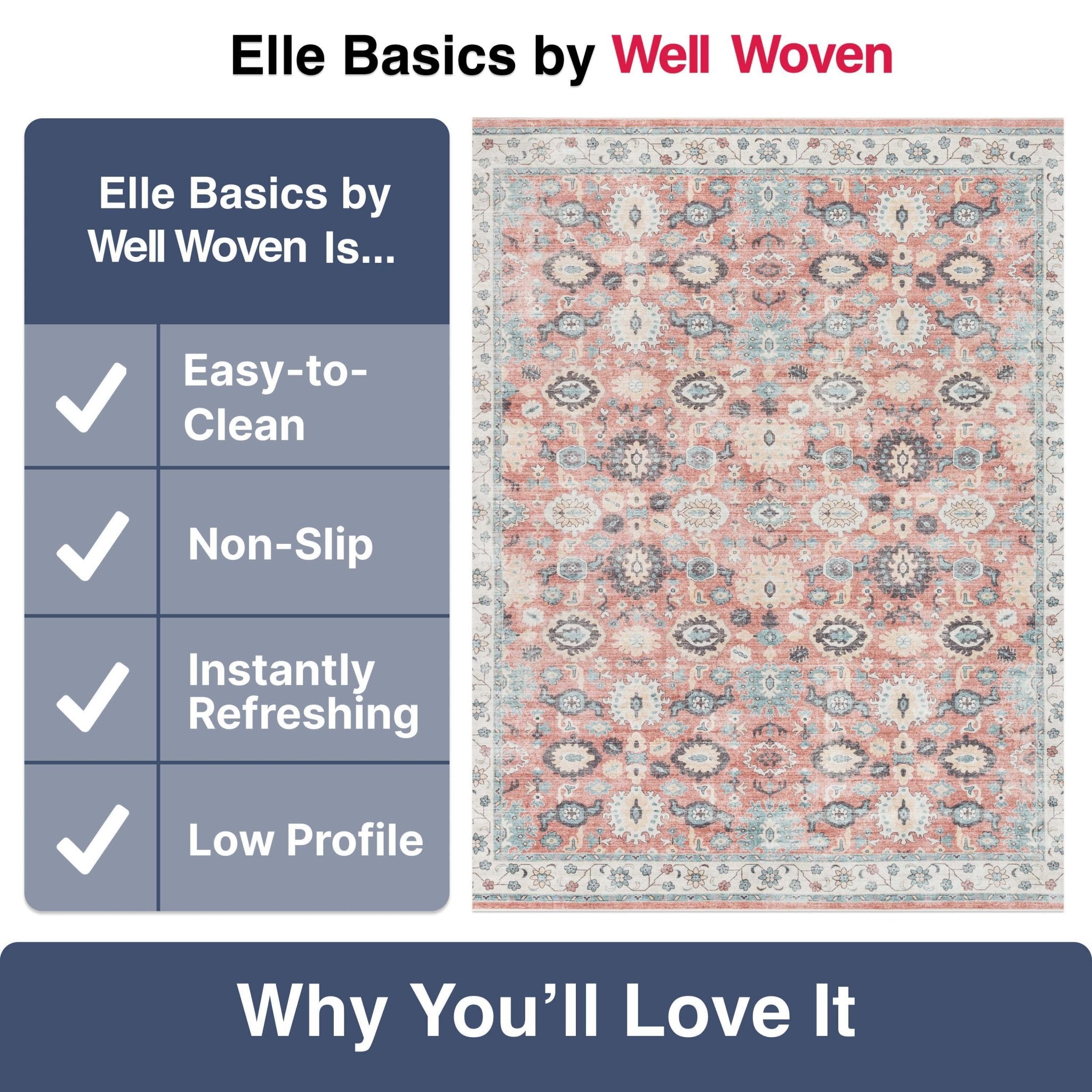 Elle Basics Gala Oriental Easy-Clean Washable Rug by Well Woven - Durable, Non-Slip, Low-Profile Design for Home Comfort、mySite、gigharbornorthrealestate