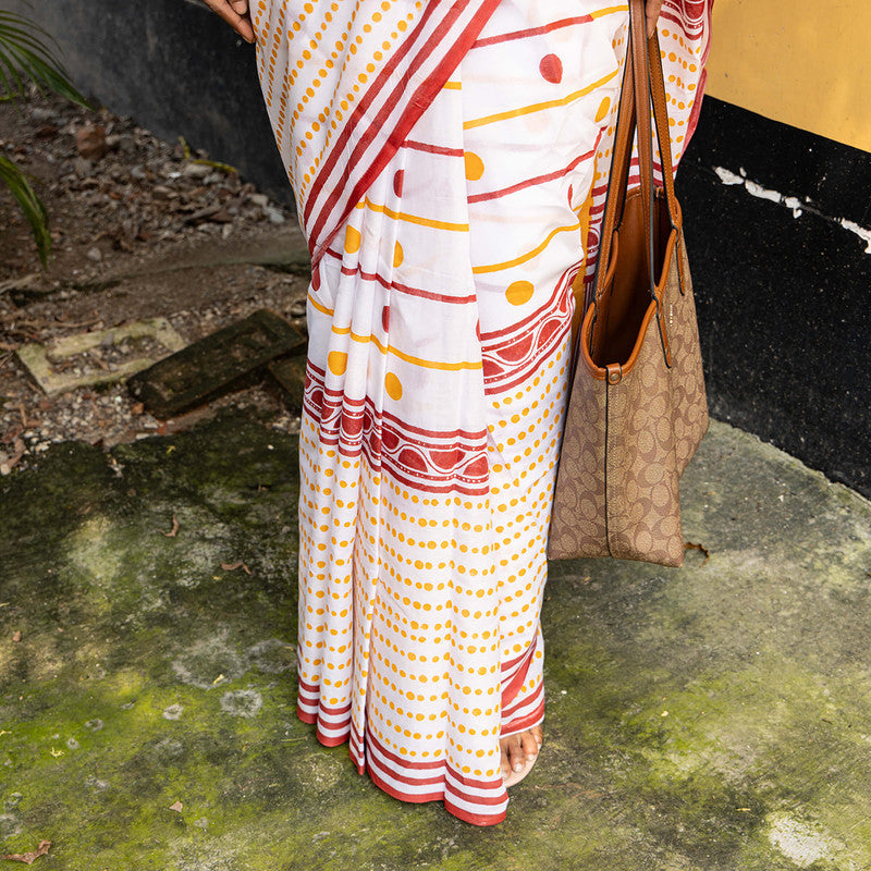 Cotton Saree | Hand Block Print | White & Yellow、mySite、camillekostekn