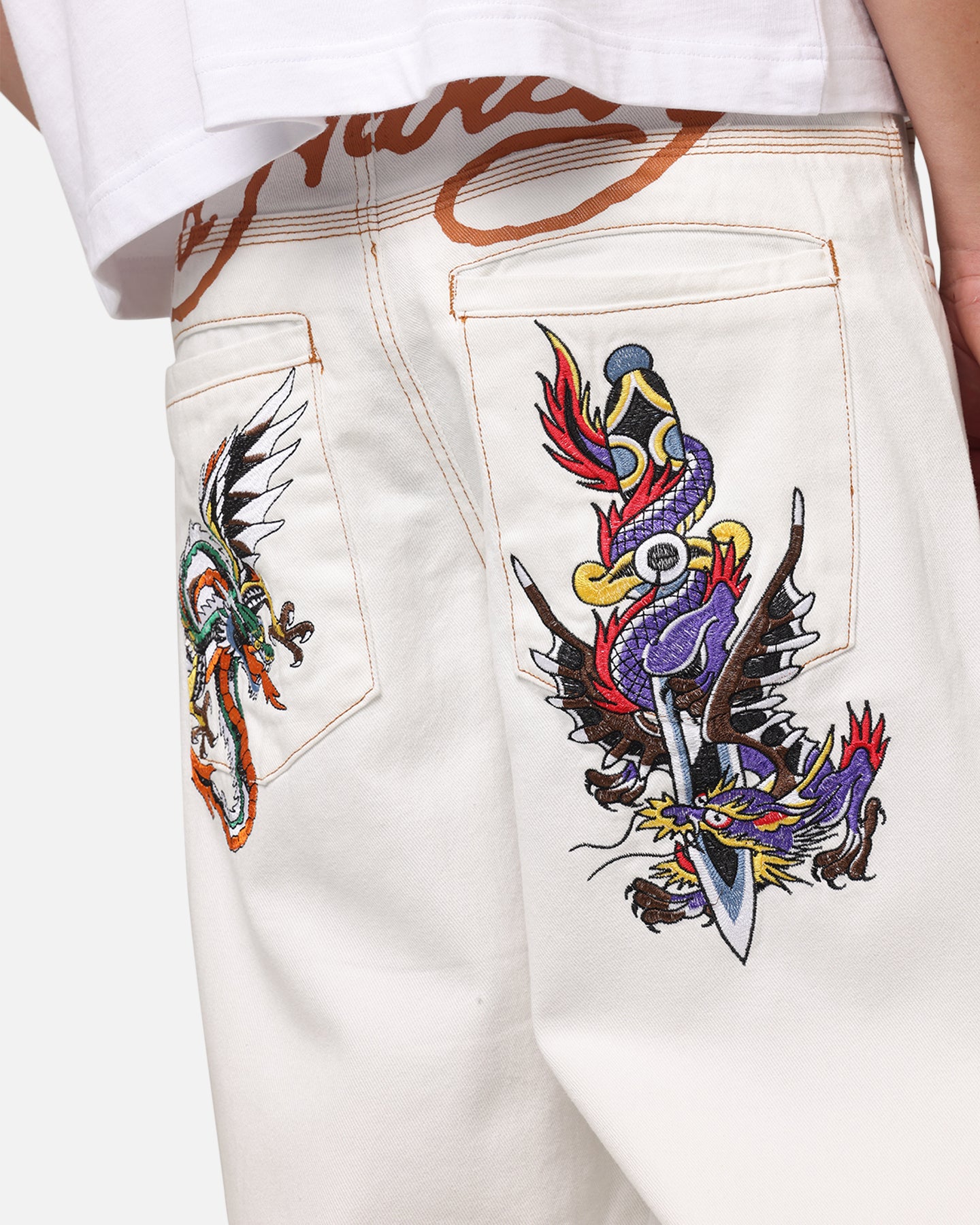 Ed Hardy Dragon Wide Leg Denim Jeans Off White、mySite、zt4zffjzw