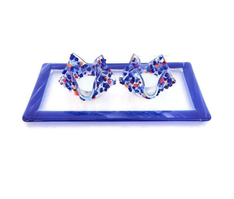 Blue Fused Glass Shabbat Candleholders and Tray、mySite、topwebapps