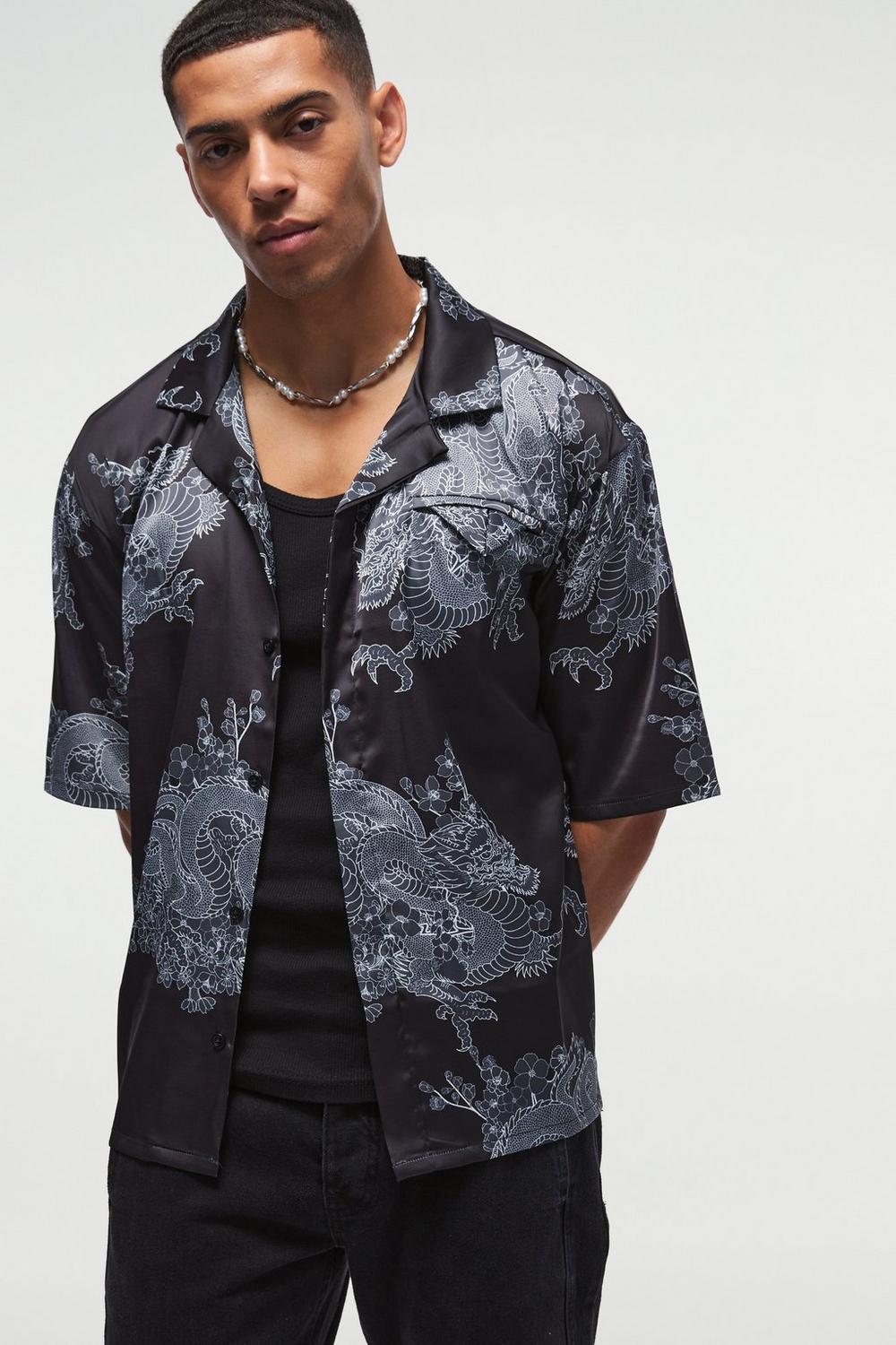  Boohooman Oversized Printed Satin Revere Triangle Pocket Shirt Black、mySite、justintrudeaud
