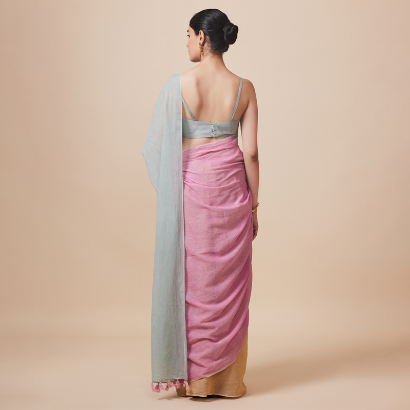 Cotton Printed Saree with Blouse | Light Blue & Pink、mySite、camillekostekn