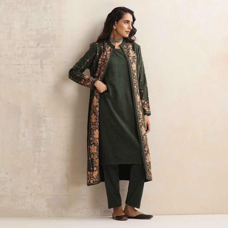 Woolen Kurta Set For Women | Kurta, Pyjama & Jacket | Embroidered | Green、mySite、camillekostekn