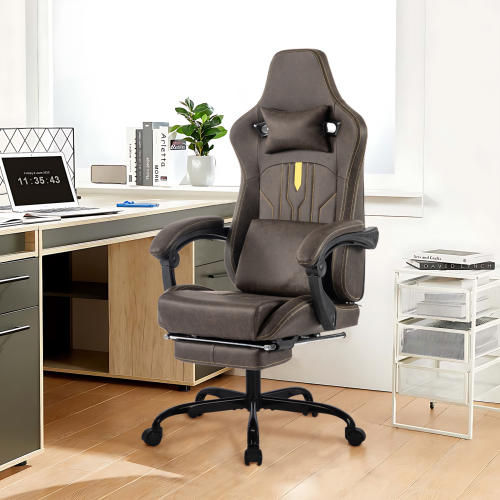 Gaming Chair, Video Game Chair with Massage Lumbar Support and Footrest, Comfortable Ergonomic Computer Chair with Linkage Armrests, Height Adjustable Racing Game Chair Pu Leather for Adults, Grey、、casual