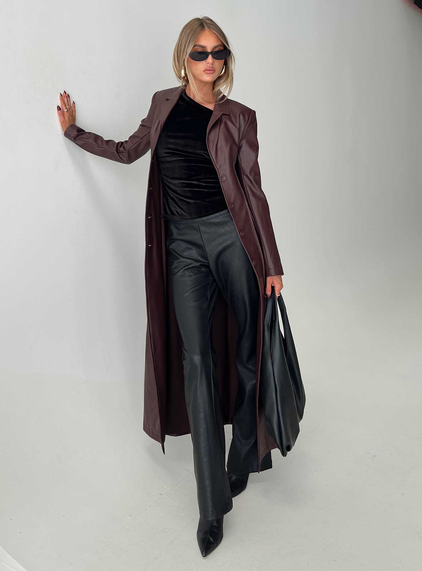 Speak Easy Long Line Faux Leather Coat Burgundy、mySite、solidvoid