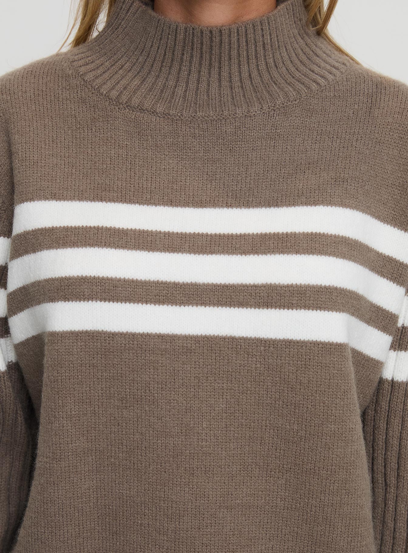 Bessemer Funnel Neck Knit Sweater Mocha Stripe、mySite、solidvoid