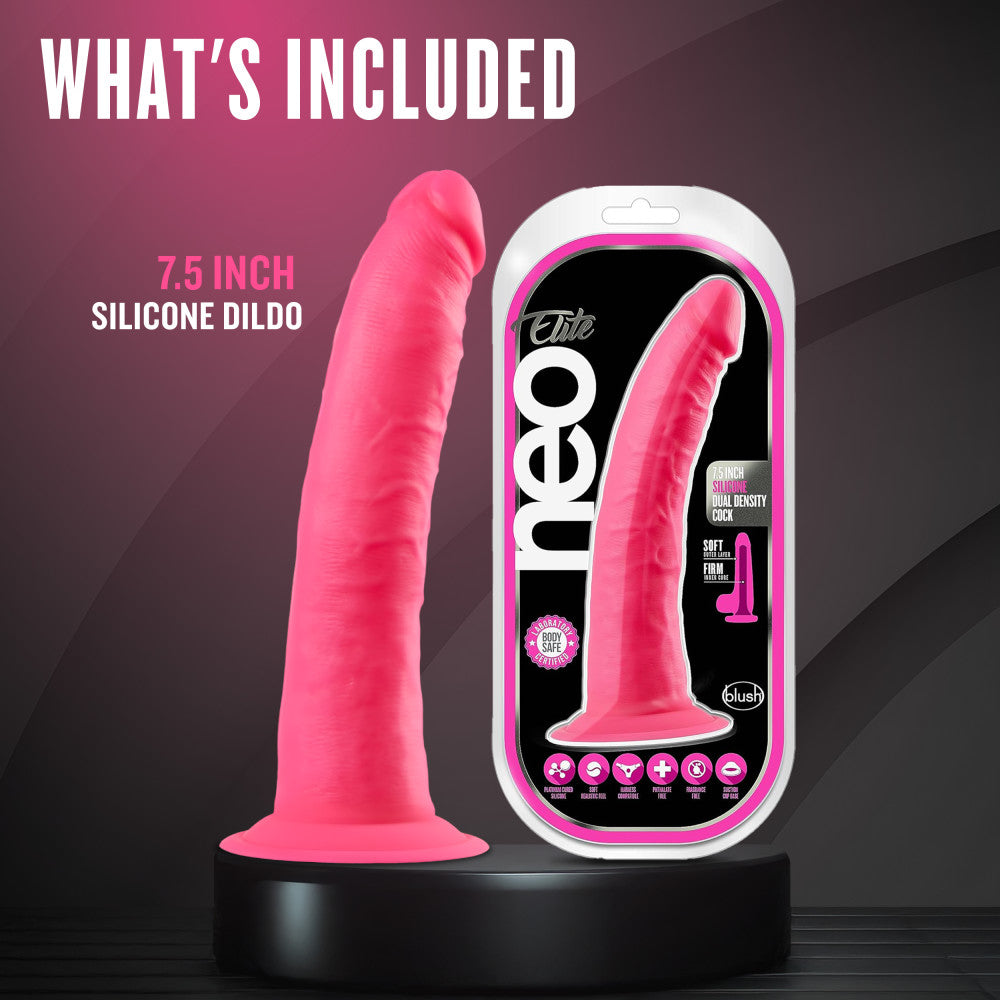 Neo Elite By Blush® | Neon Pink: 7.5-Inch Long Dildo - Made with Purio™ Silicone & SensaFeel® Dual Density Realistic Technology、mySite、bottomscart
