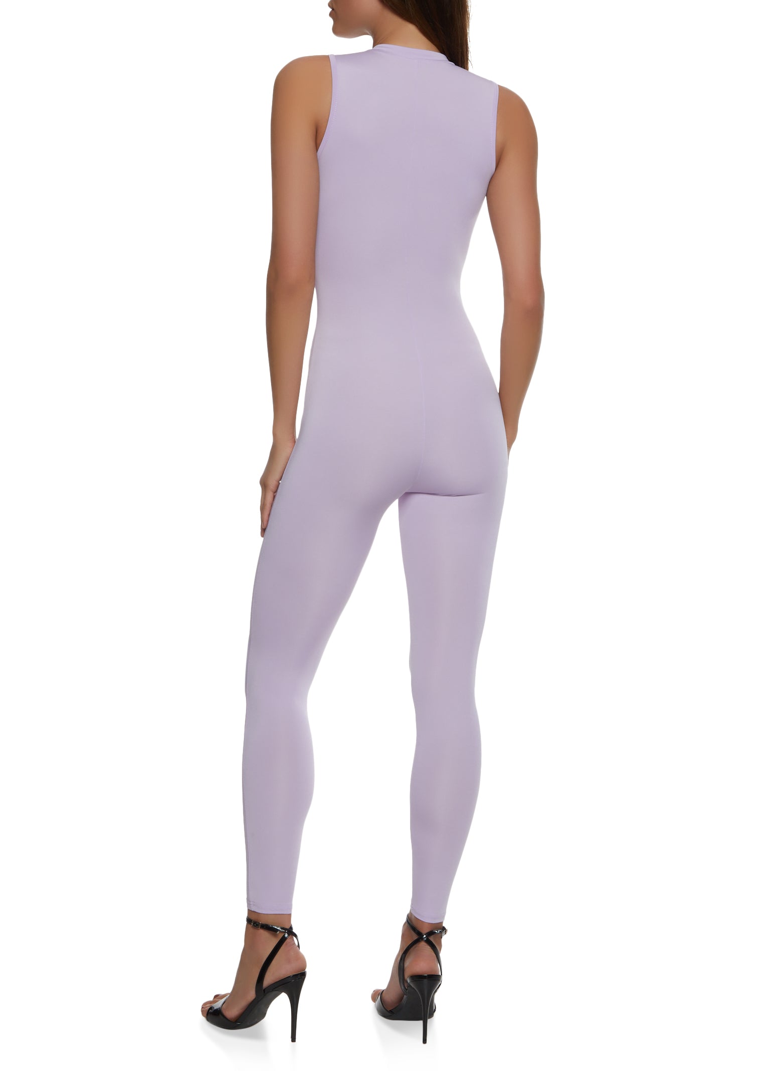 Solid Mock Neck Zip Front Sleeveless Catsuit、mySite、camillekostekn