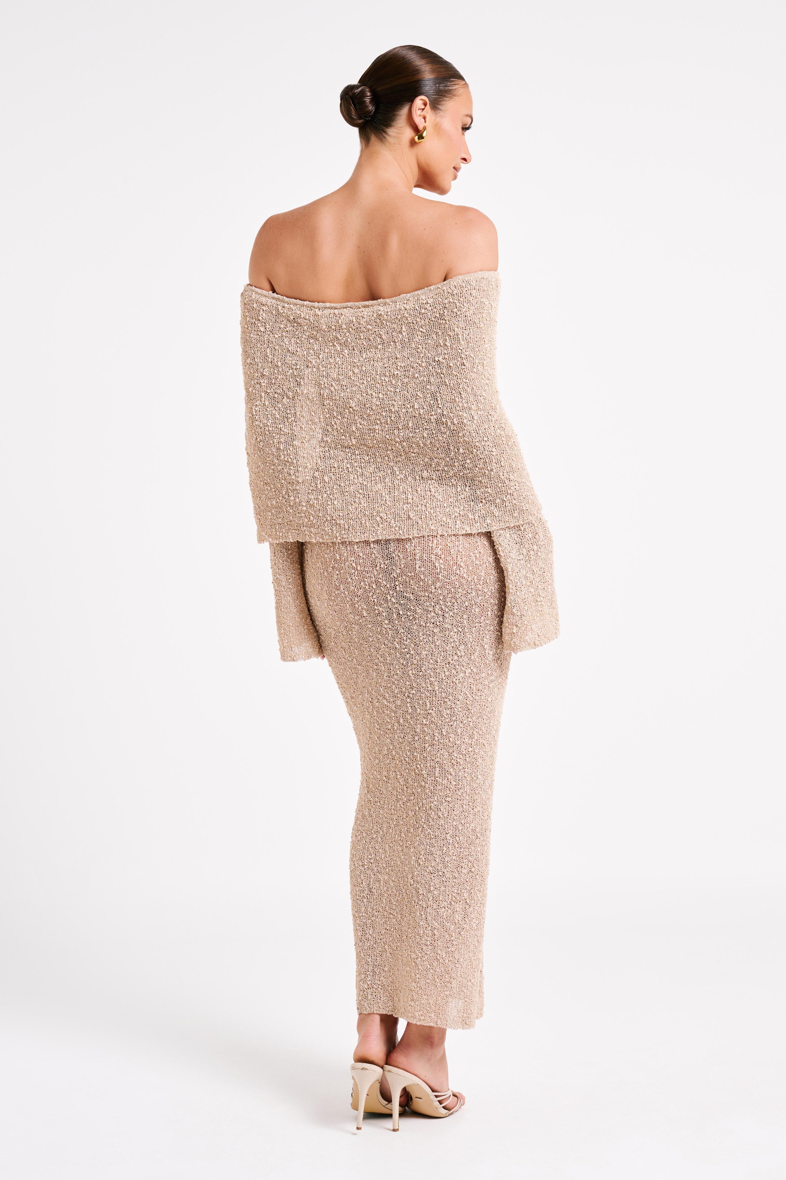 Marisol Off Shoulder Boucle Maxi Dress - Wheat、mySite、solidvoid