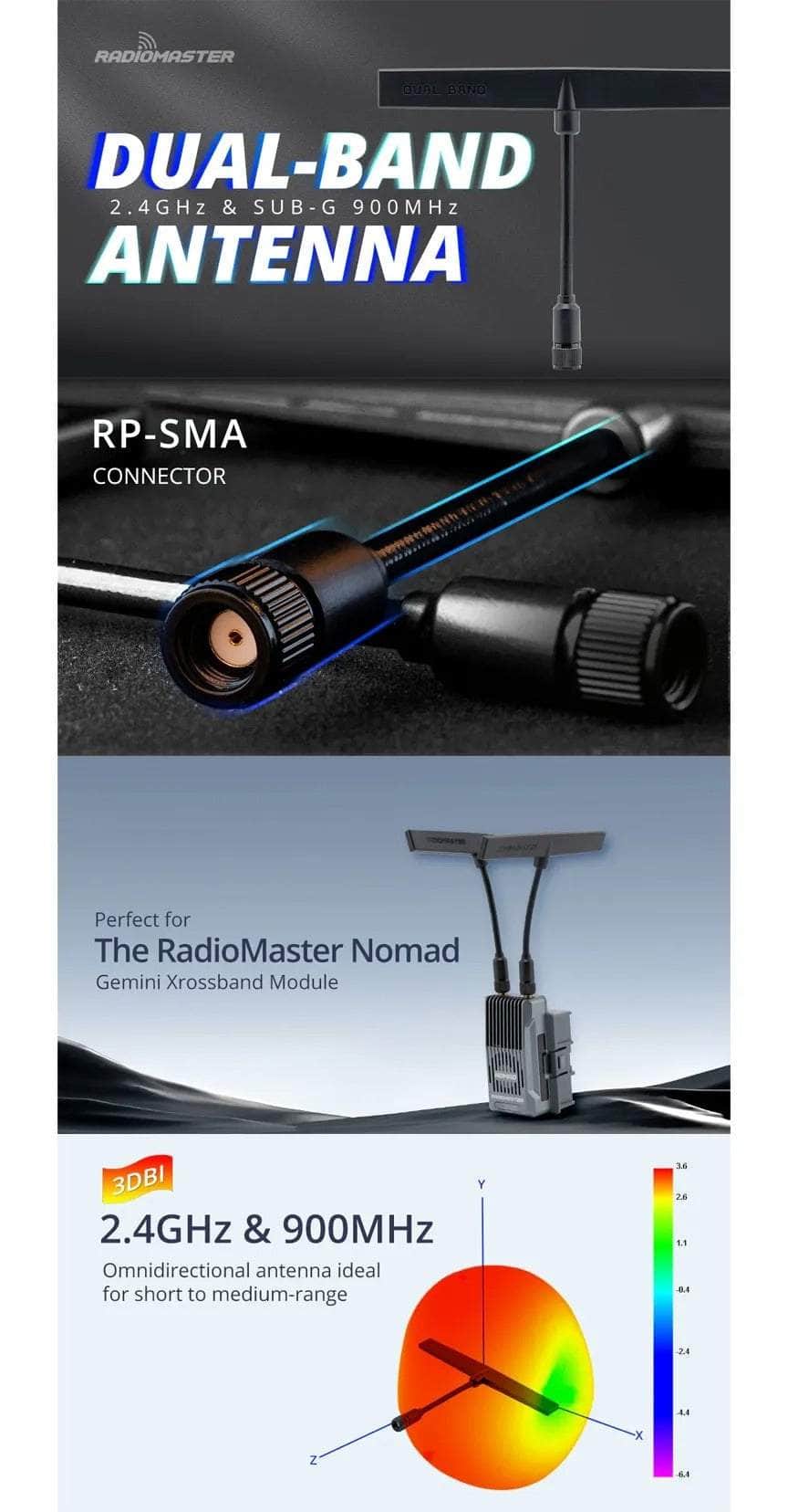 Radiomaster Dual Band T-Antenna ELRS 2.4GHz/SUB-G 900MHz - RP-SMA