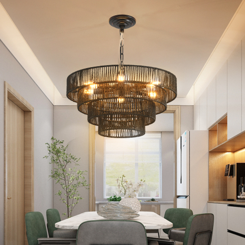 (Same as W1340P155977/L1019-5) 24" Modern 5-Layer Woven Hemp Rope Chandelier, Boho Style Pendant Light, Elegant Hanging Light Fixture for Living Room, Dining Room, Bedroom (No Bulbs)、、eastwooduniform