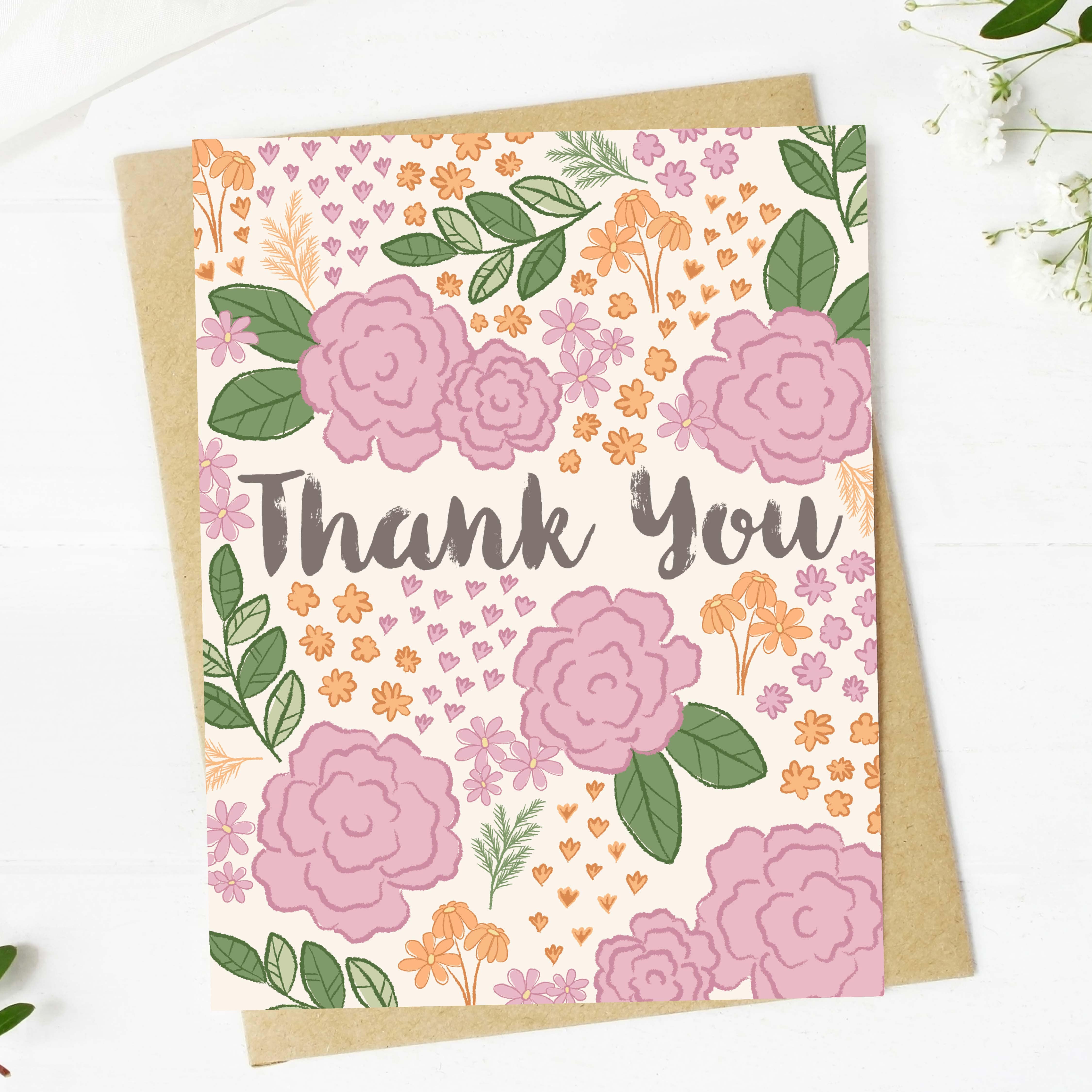  Pink Florals Thank You Cursive Card、mySite、ghnorth