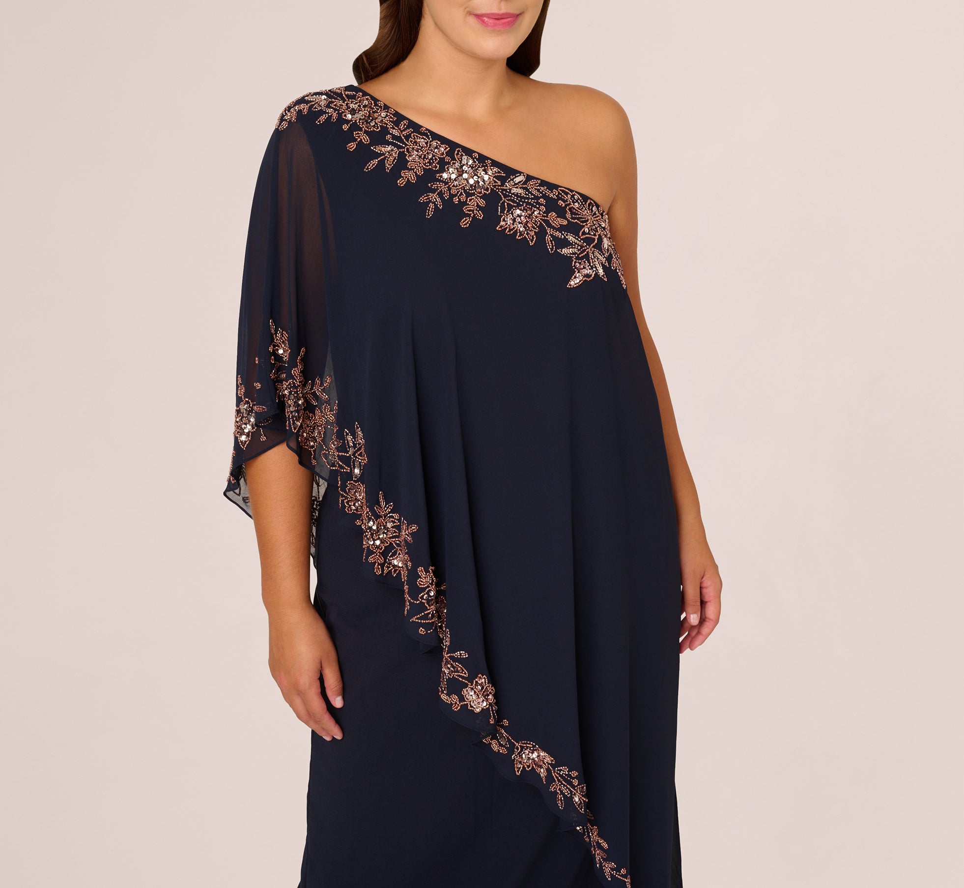 Plus Size One Shoulder Bead Chiffon Cape Dress In Navy Rosegold、mySite、solidvoid