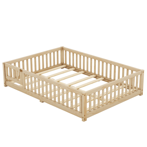 Twin Size Bed Floor Bed with Safety Guardrails and Door for Kids, Natural(Old SKU: W158090686)、、casual