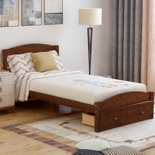 Platform Twin Bed Frame with Storage Drawer and Wood Slat Support No Box Spring Needed, Walnut、、casual