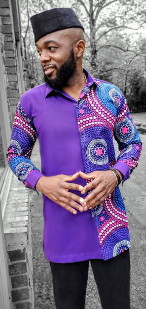Purple African Print Button Down Shirt-DP3847M2、mySite、solidvoid