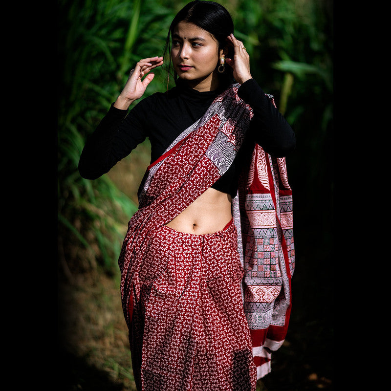 Festive Wear | Cotton Hand Block Printed Bagh Saree | Red、mySite、camillekostekn