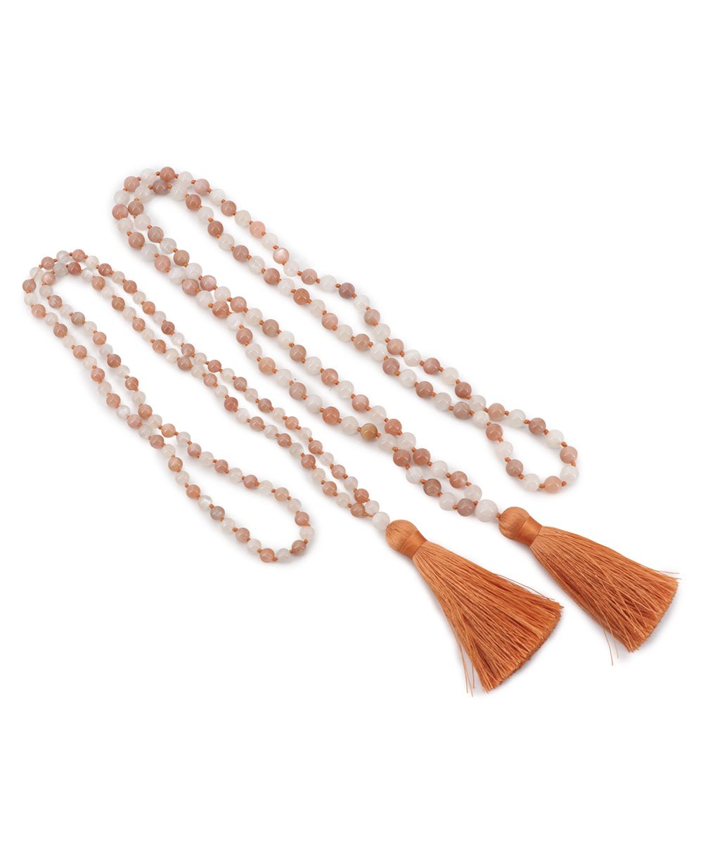 Ethereal White and Peach Moonstone Beads Meditation Knotted Mala、mySite、topwebapps