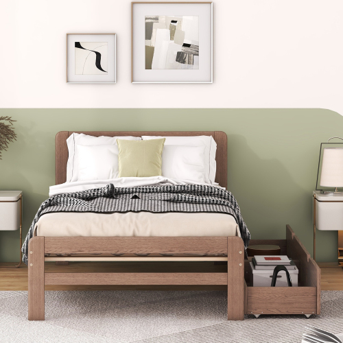 Modern Design Twin Size Platform Bed Frame with 2 Drawers for Grey Color、、xpatfood