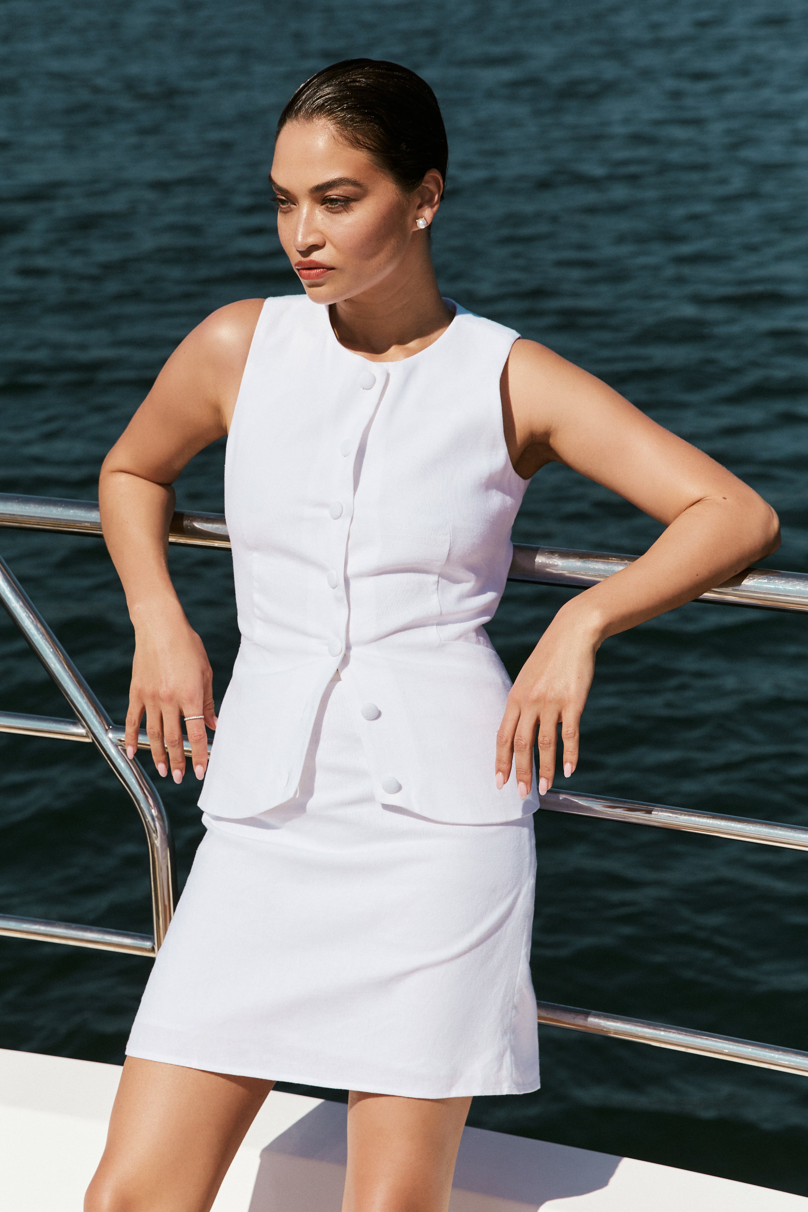 Laurence Sleeveless Linen Longline Top - White、mySite、solidvoid