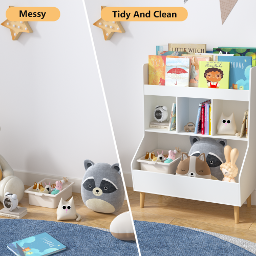 Kids Bookshelf and Toy Storage Organizer, Multifunctional 4 Tier Wooden Kids Book Shelf with Bookcase Display Stand in Kids Room Playroom Nursery for Kids, Children, Toddlers (White)、、casual