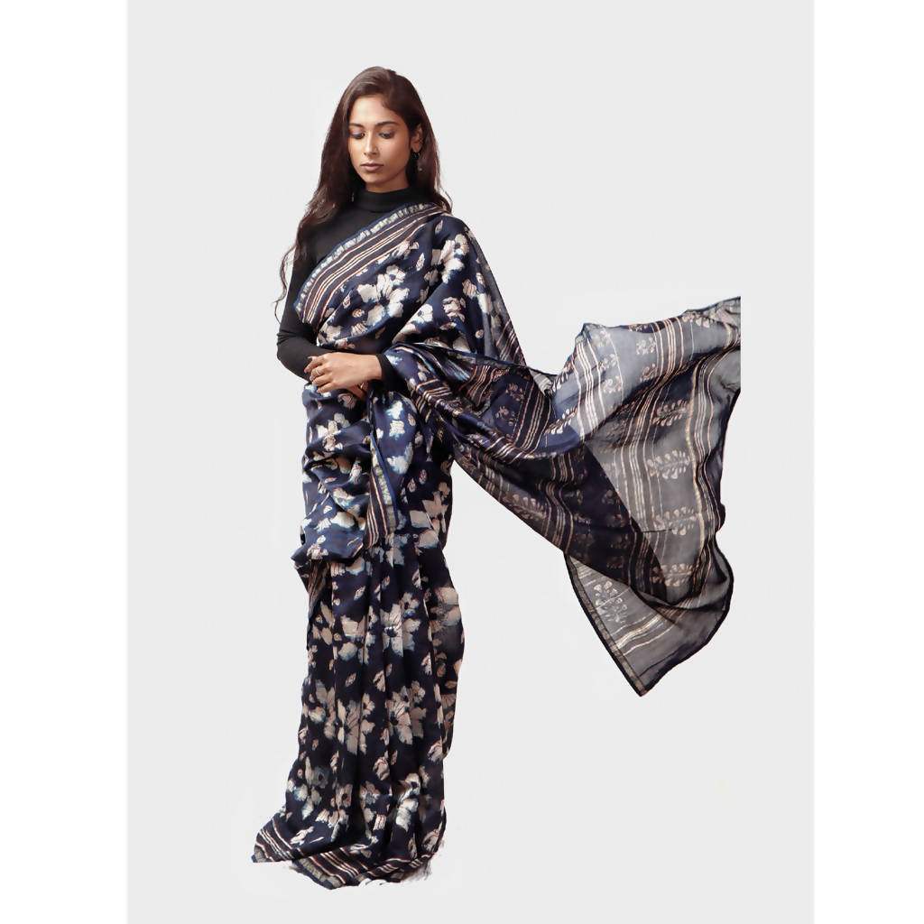 Natural Dyed Dabu Chanderi Saree| Ink Blue、mySite、camillekostekn