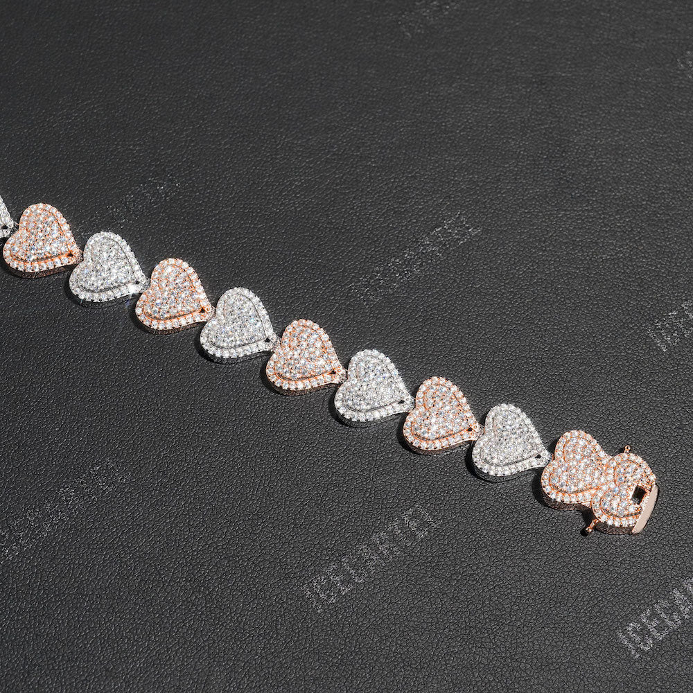 Two Tone Iced Out Baguette Heart Tennis Bracelet 14K Gold - 13MM、mySite、hinf8tx79