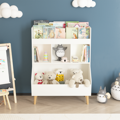 Kids Bookshelf and Toy Storage Organizer, Multifunctional 4 Tier Wooden Kids Book Shelf with Bookcase Display Stand in Kids Room Playroom Nursery for Kids, Children, Toddlers (White)、、casual