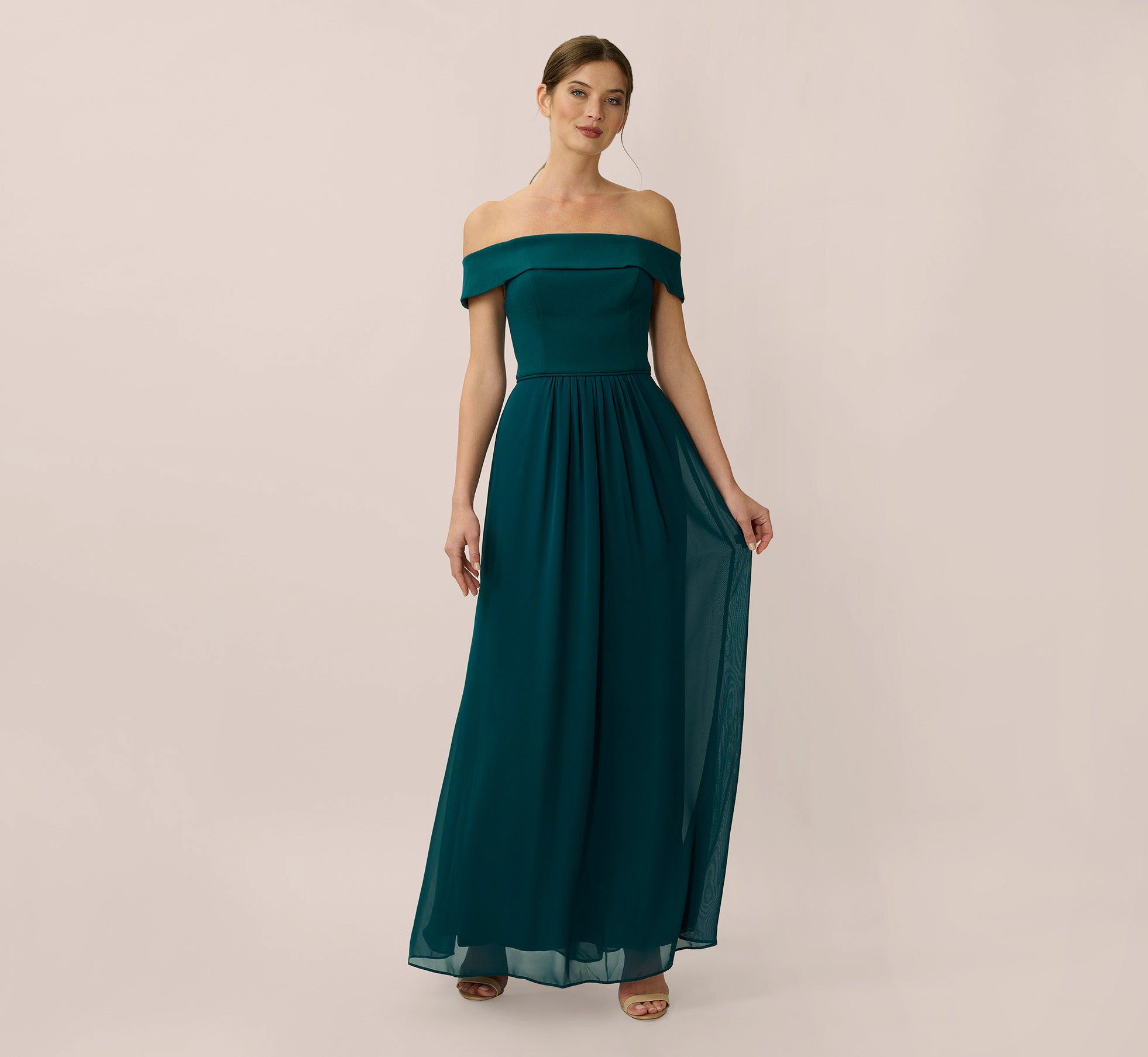 Off The Shoulder Crepe Chiffon Gown With Soft Skirt In Hunter、mySite、solidvoid