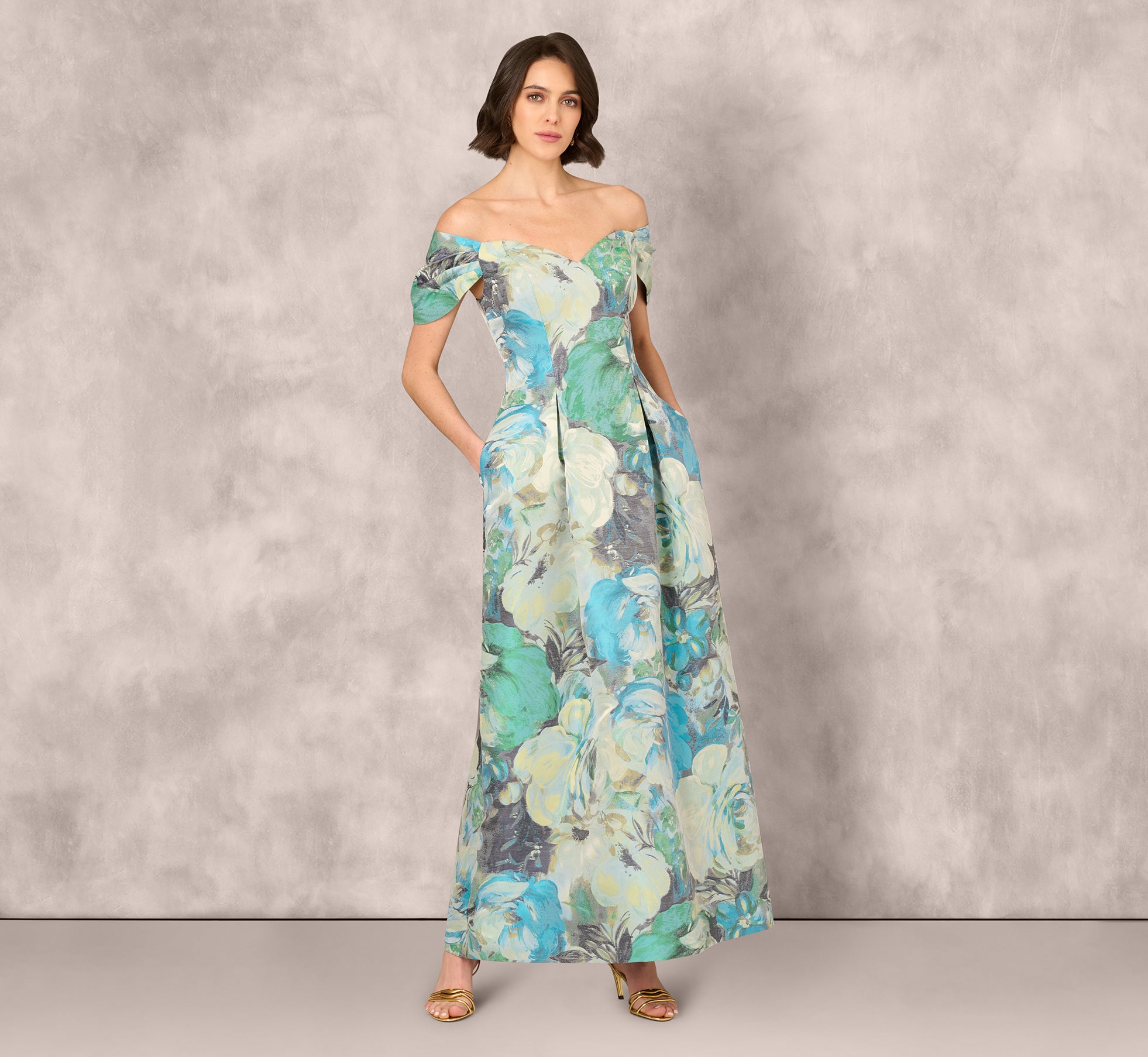 Off Shoulder Floral Jacquard Pleated Gown In Blue Multi、mySite、solidvoid
