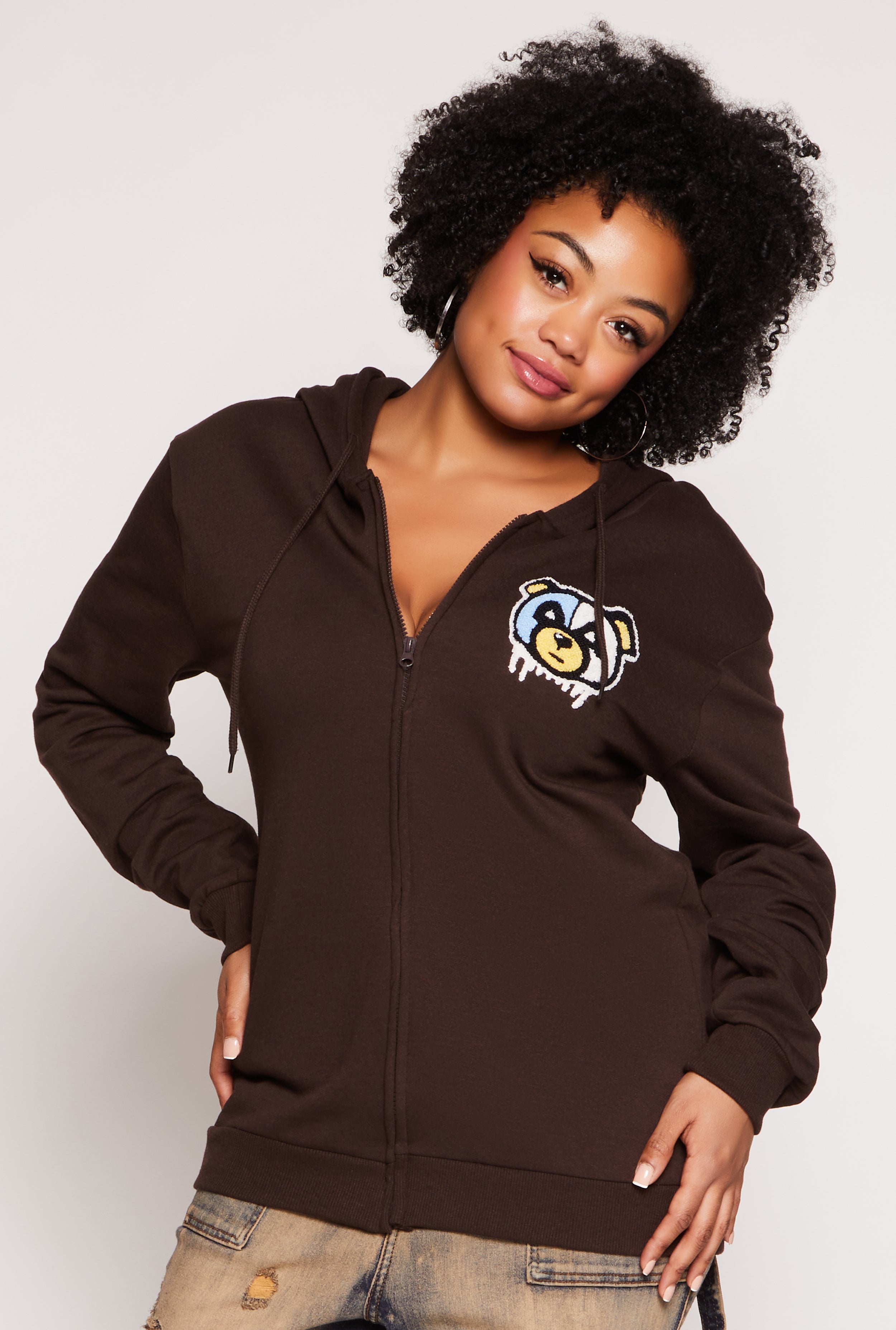 Plus Size Bear Chenille Graphic Zip Front Hoodie、mySite、camillekostekn