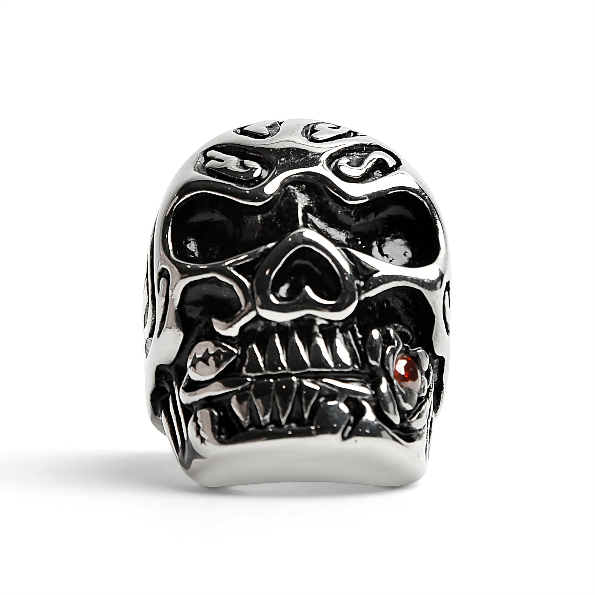 Stainless Steel Large Filigree Skull Biting Red CZ Rose Ring / SCR4000、mySite、dreamappss