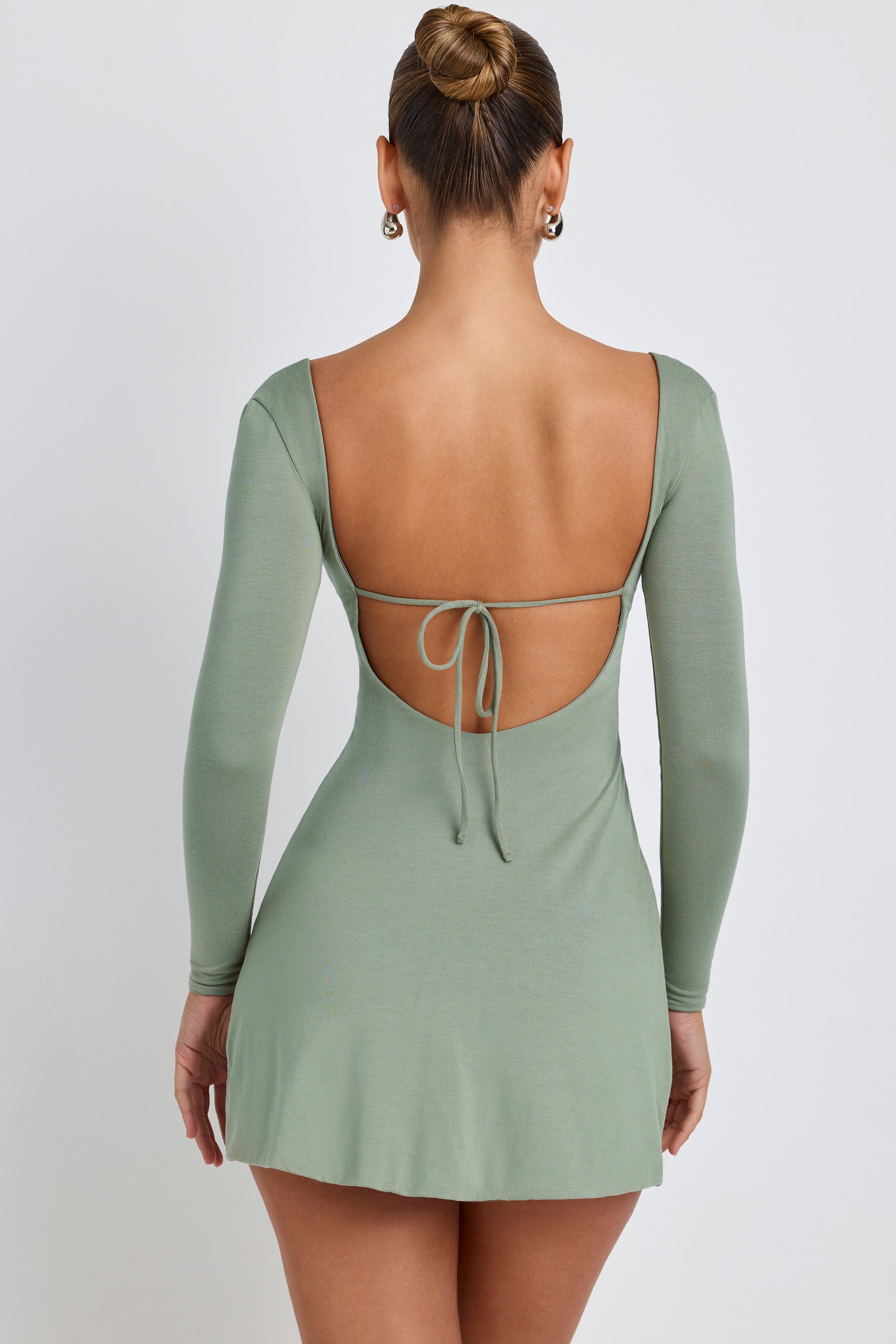 Modal Square Neck Long Sleeve Mini Dress in Sage Green、mySite、solidvoid