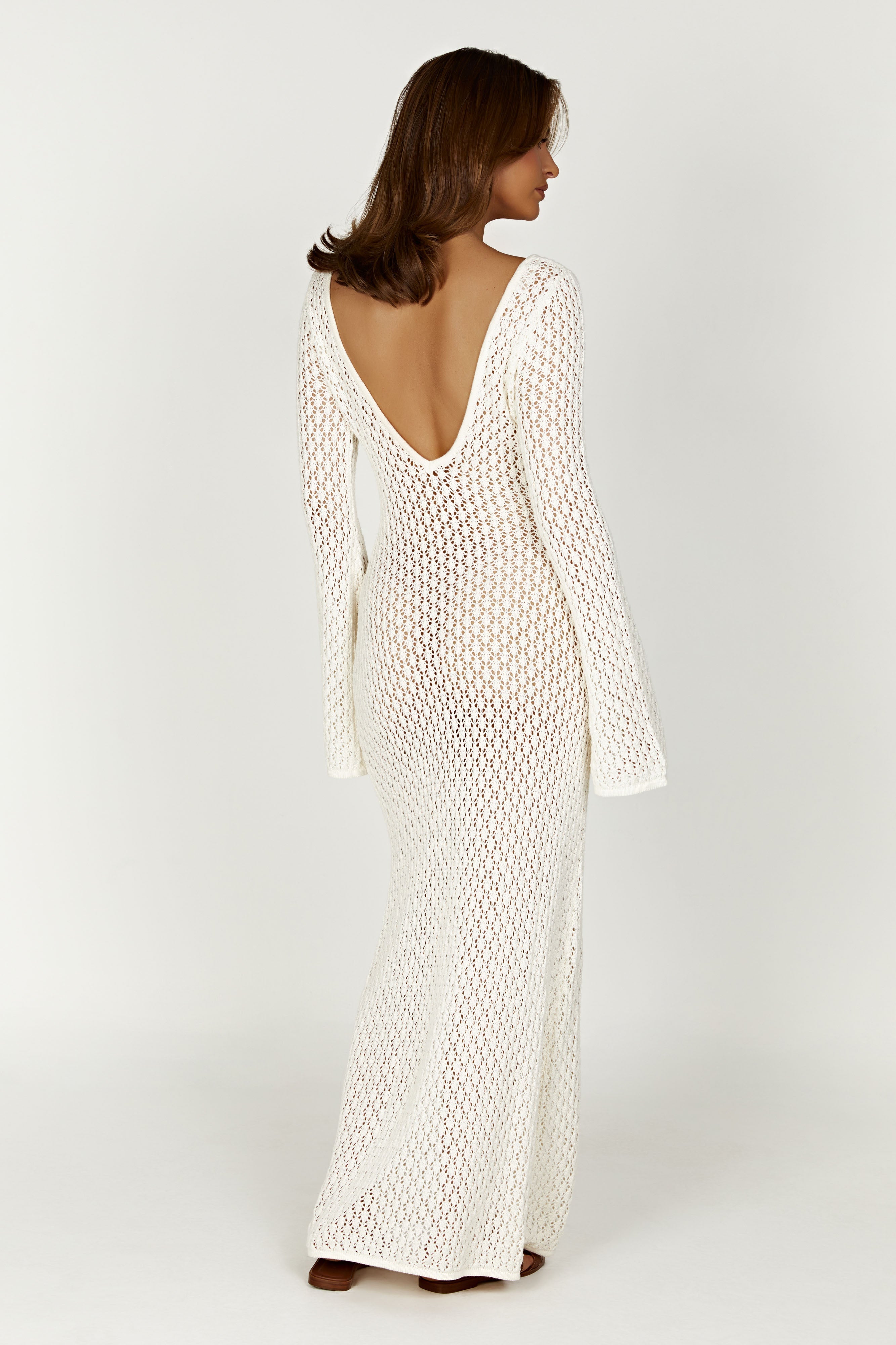 Kayleigh Crochet Fishtail Flare Sleeve Maxi Dress - White、mySite、solidvoid