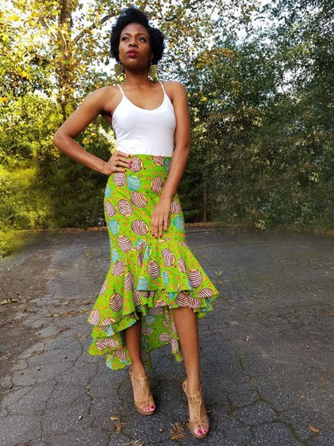 Lime Green African Print High Low Skirt-DP3843HL、mySite、solidvoid