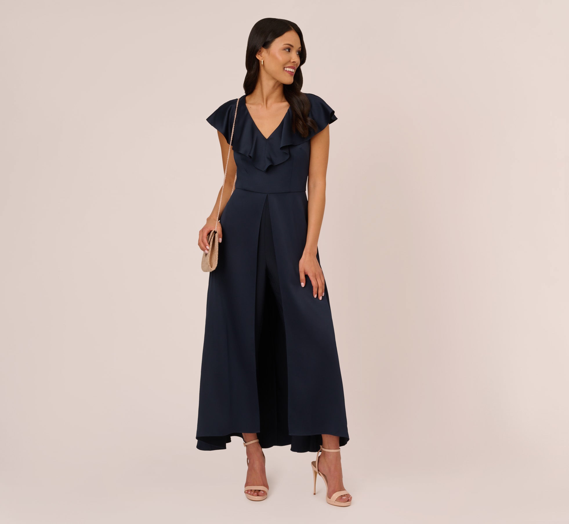 Satin Crepe Ruffled Cropped Jumpsuit In Dark Navy、mySite、solidvoid
