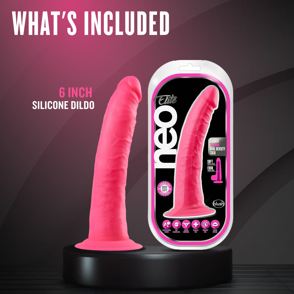 Neo Elite By Blush® | Neon Pink: 5.5-Inch Long Dildo - Made with Purio™ Silicone & SensaFeel® Dual Density Realistic Technology、mySite、bottomscart