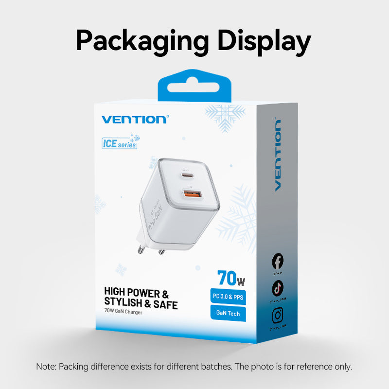 Vention 2-Port USB (C + A) GaN Charger (70W/22.5W) EU-Plug Transparent Gray、mySite、fannypackpong