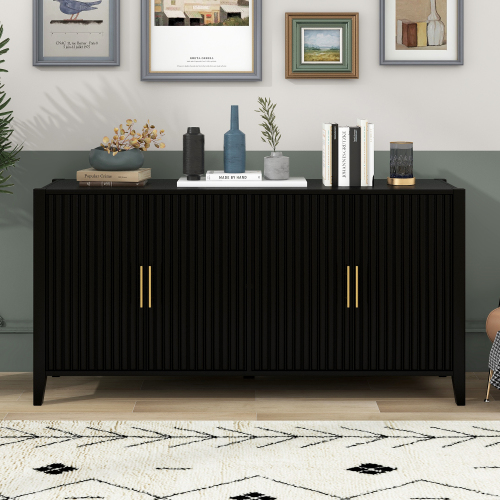 U_Style 63.1''Modern 4-Vertical Wavy Slatted Doors Sideboard,Storage Cabinet With Elegant Design, Solid Wood Legs with Painted,Metal Handles,for Dining Room,Living Room, Kitchen, or Entryway(Black)、、casual
